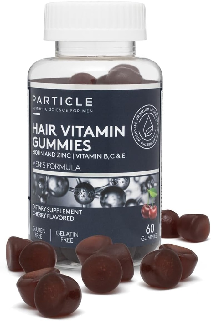 Gommies de cheveux pour hommes de particules, supplément sans gluten et végétalien avec vitamine C, biotine, zinc et vitamine B12, supplément de cheveux et de bien-être pour hommes, parfum de cerise, 60 gommies, 1 mois d'approvisionnement