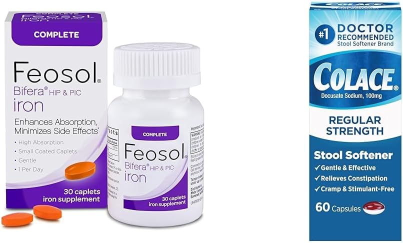 Feosol Complete Iron Supplement 30 Coute and Colace Stool Softener 60 Counter Bundle