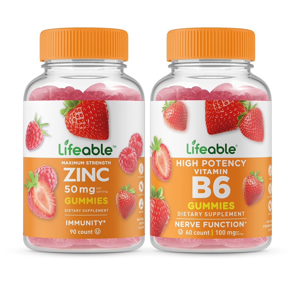 Zinc Lifeable 50mg + vitamine B6, Gummies Bundle - Grande dégustation, supplément de vitamine, sans gluten, sans OGM, gummy à croquer