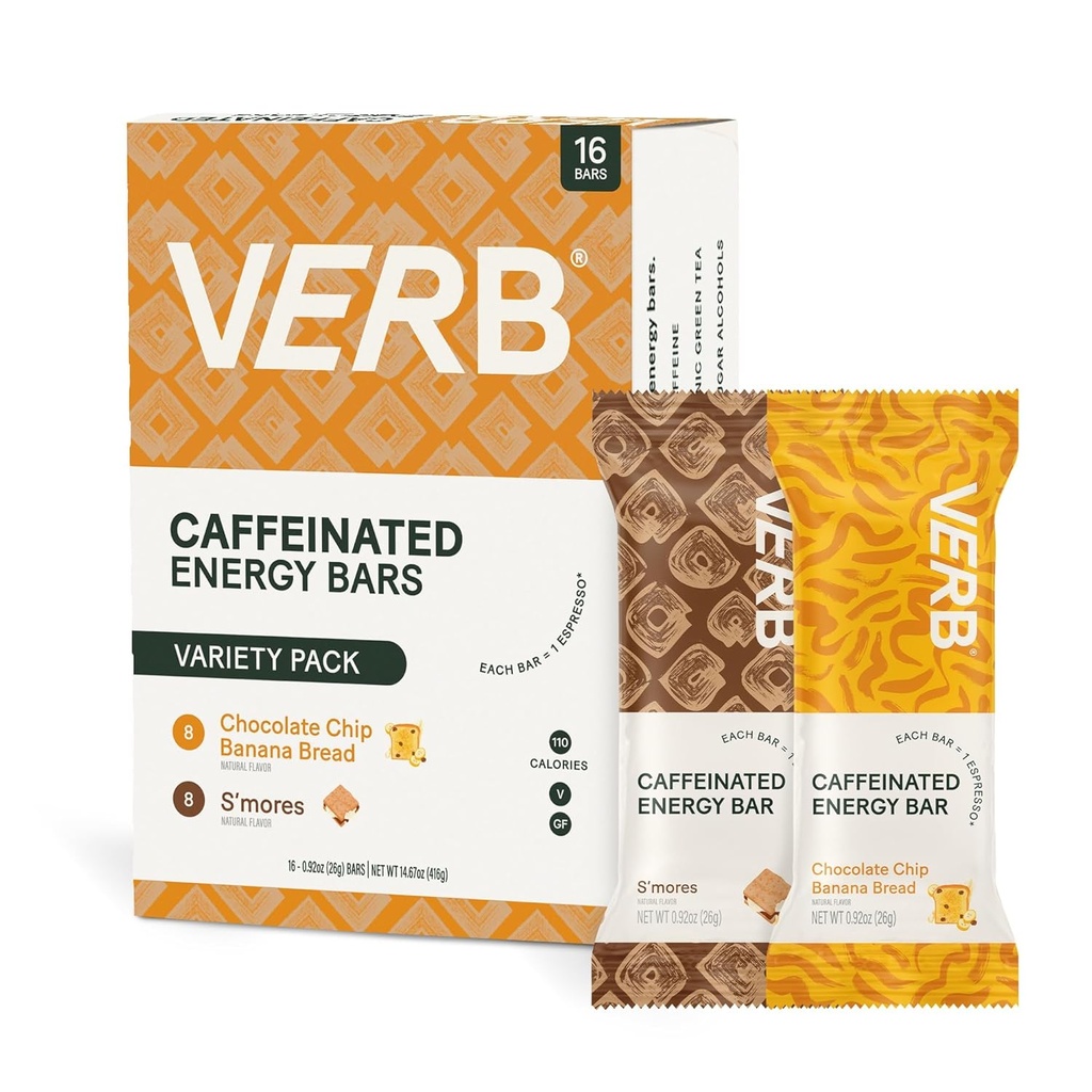 Lot de variétés de barres d'énergie caféinées verbales - 2 saveurs délicieuses (26g, paquet de 16) 110-Calorie Delicious Low Sugar Energy Bar, Vegan & Gluten Free On-the Go Snack avec 80mg de caféine de thé vert