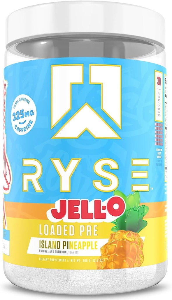 RYSE Charged Pre Workout Poudre - Jell-O Island Ananas - Pré-entraînement quotidien pour les hommes et les femmes avec 325mg de caféine, Beta Alanine et Citrulline pour pompe, focus et énergie - 30 portions