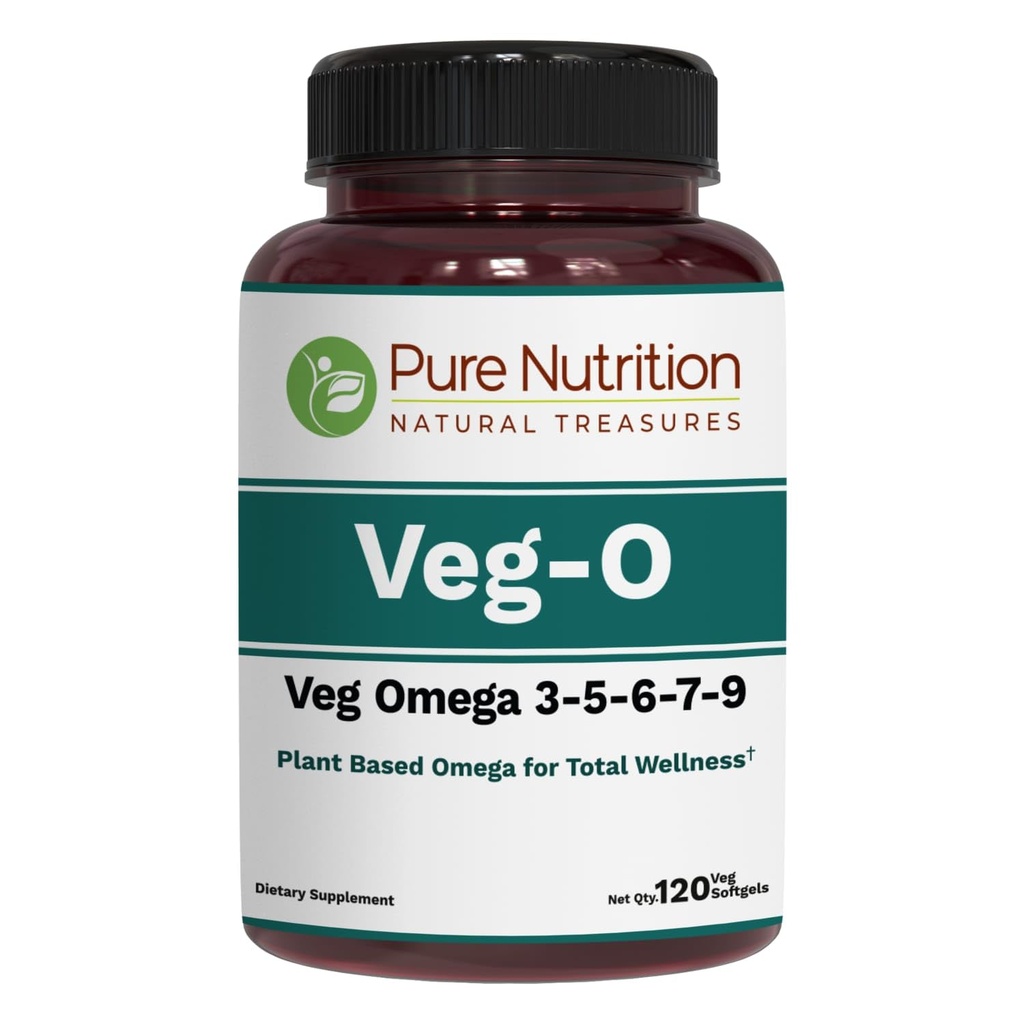 Pure nutrition Oméga végétalien 3-5-6-7-9.000 120 Softgels , 600mg par portion de 2 Softgels , Supplément multi-oméga pour la santé globale , sans OGM , sans gluten