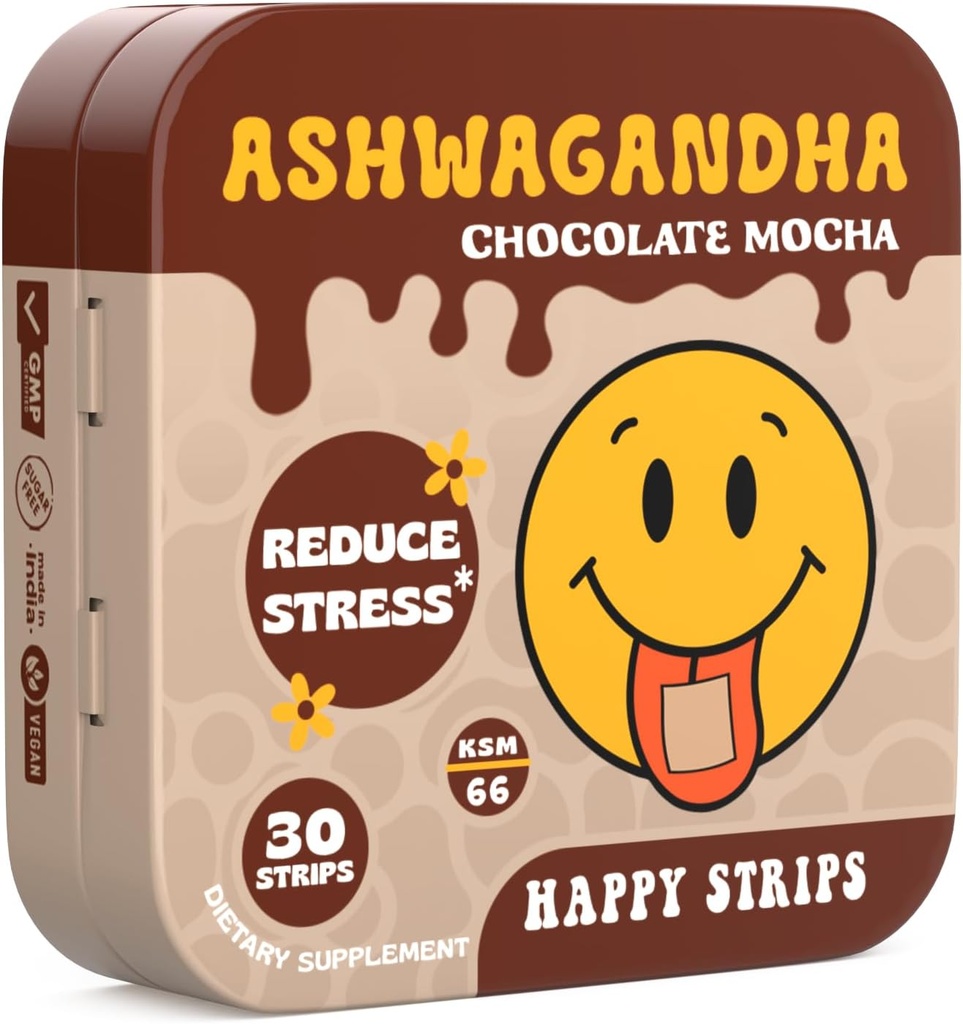 Happy Strips Organic Ashwagandha KSM 66 & GABA pour le soulagement du stress, le calme, le sommeil - Fast-Acting & Rapid-Dissolution, Chocolat Moka aromatisé, biologique, végétalien, sans sucre - 30 Compte