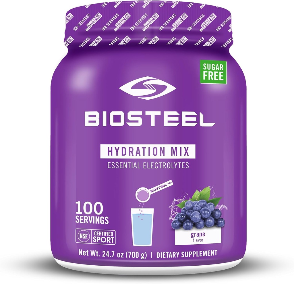 BioSteel Zero Sugar Hydration Mix, Great Tasting Hydration with 5 Essential Electrolytes, Grape Flavor, 100 Servings per Tub