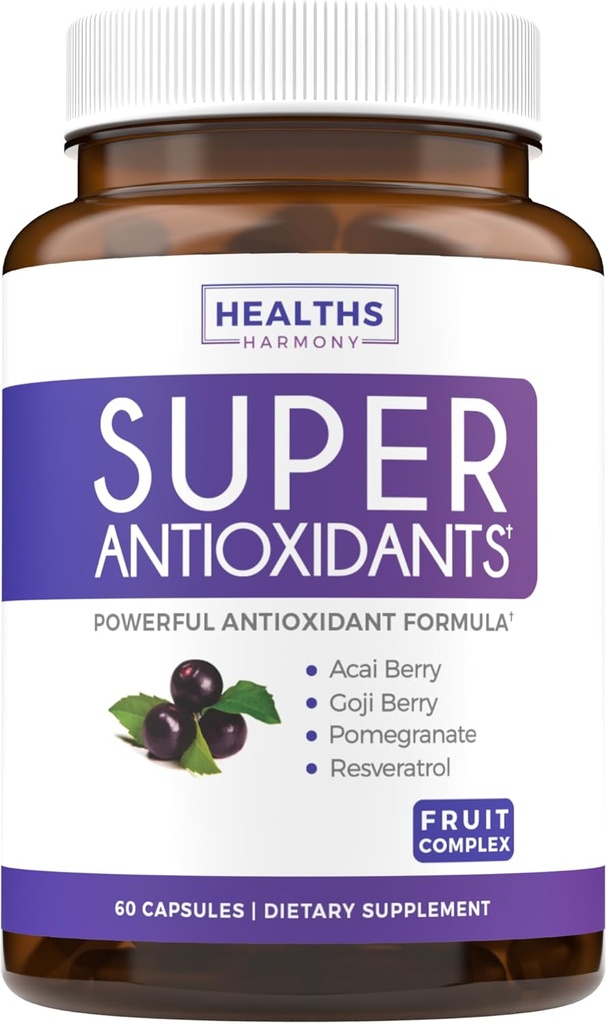 Super Antioxidants Supplement for Women & Men - High Potency Herbal & Fruit Blend with Acai, Goji, Pomegranate, Elderberry & Resveratrol for Skin Care & Immune Support - Vegan & Non-GMO - 60 Capsules