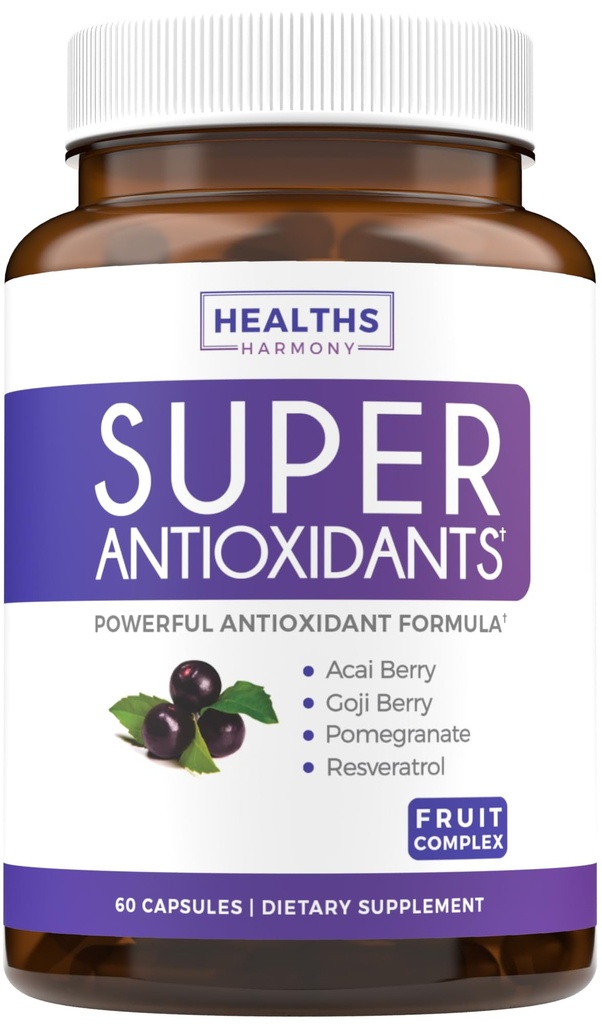 Supplément d'antioxydants super pour les femmes et les hommes - Mélange d'herbes et de fruits à haute puissance avec Acai, Goji, grenade, Elderberry & Resvératrol pour soins de la peau et soutien immunitaire - Vegan & Non-GMO - 60 capsules