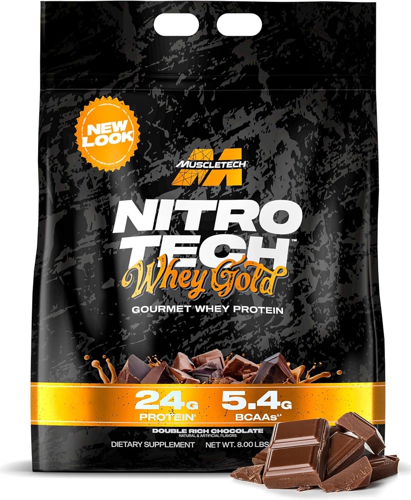 Muscletech Whey Protein Powder (Double Rich Chocolat, 8LB) - Nitro-Tech Whey Protein Isolate Smoothie Mix pour Lean Muscle & Recovery - 24g de Whey Gold Protein pour les femmes et les hommes - Emballage May Vary