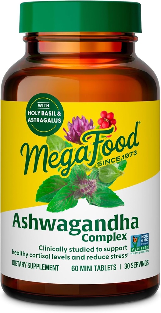 MegaFood Complexe Ashwagandha (anciennement Stress Protect) - Suppléments Ashwagandha Astragalus Root & Holy Basil - Végétarien, Sans gluten, Supplément Cortisol - 60 Mini comprimés, 30 portions