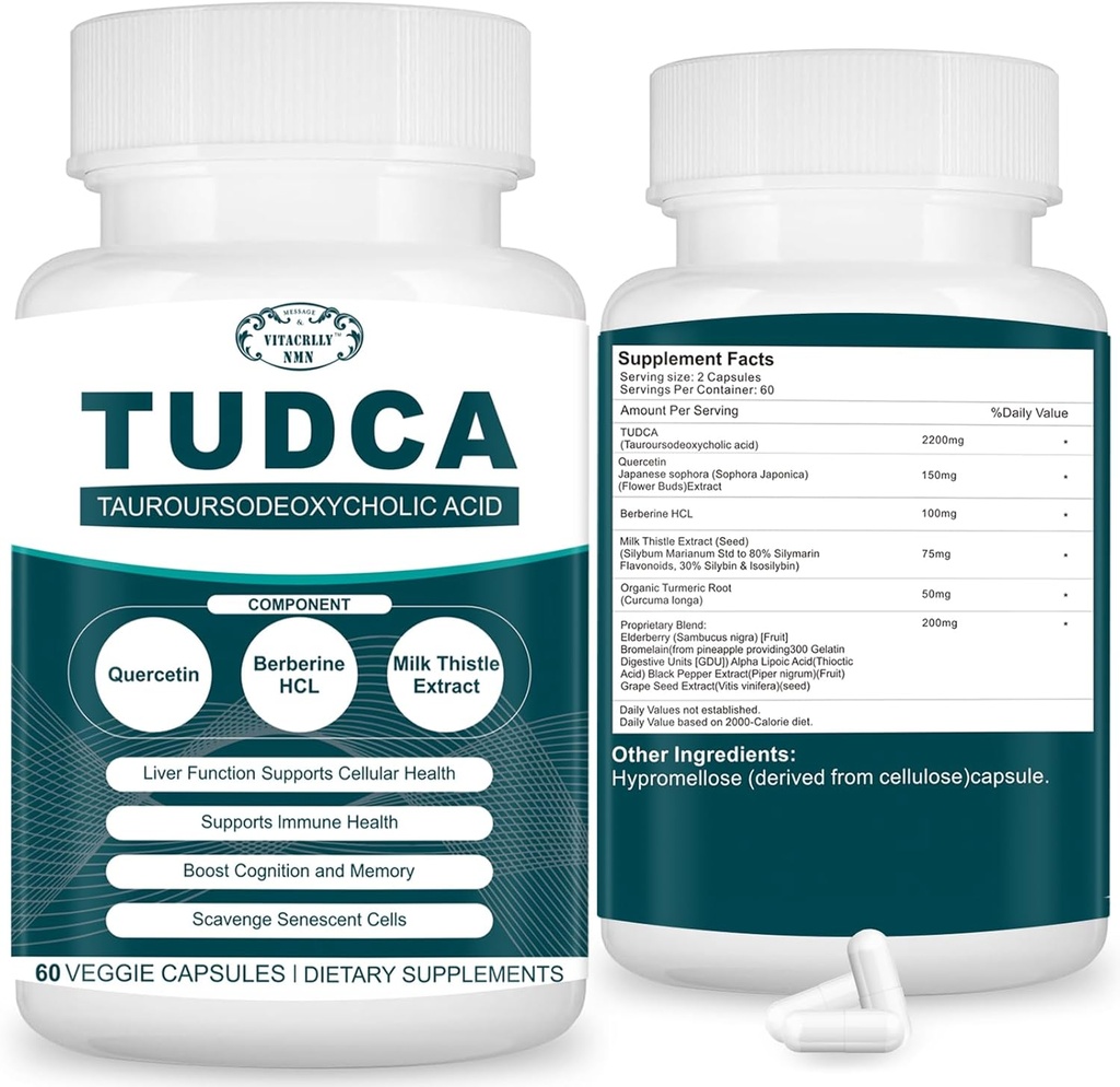 2200MG Suppléments TUDCA - Complexe de supplément de sels de bile pour la désintoxication du foie et nettoyage, nettoyage de la vésicule, santé digestive 60 capsules