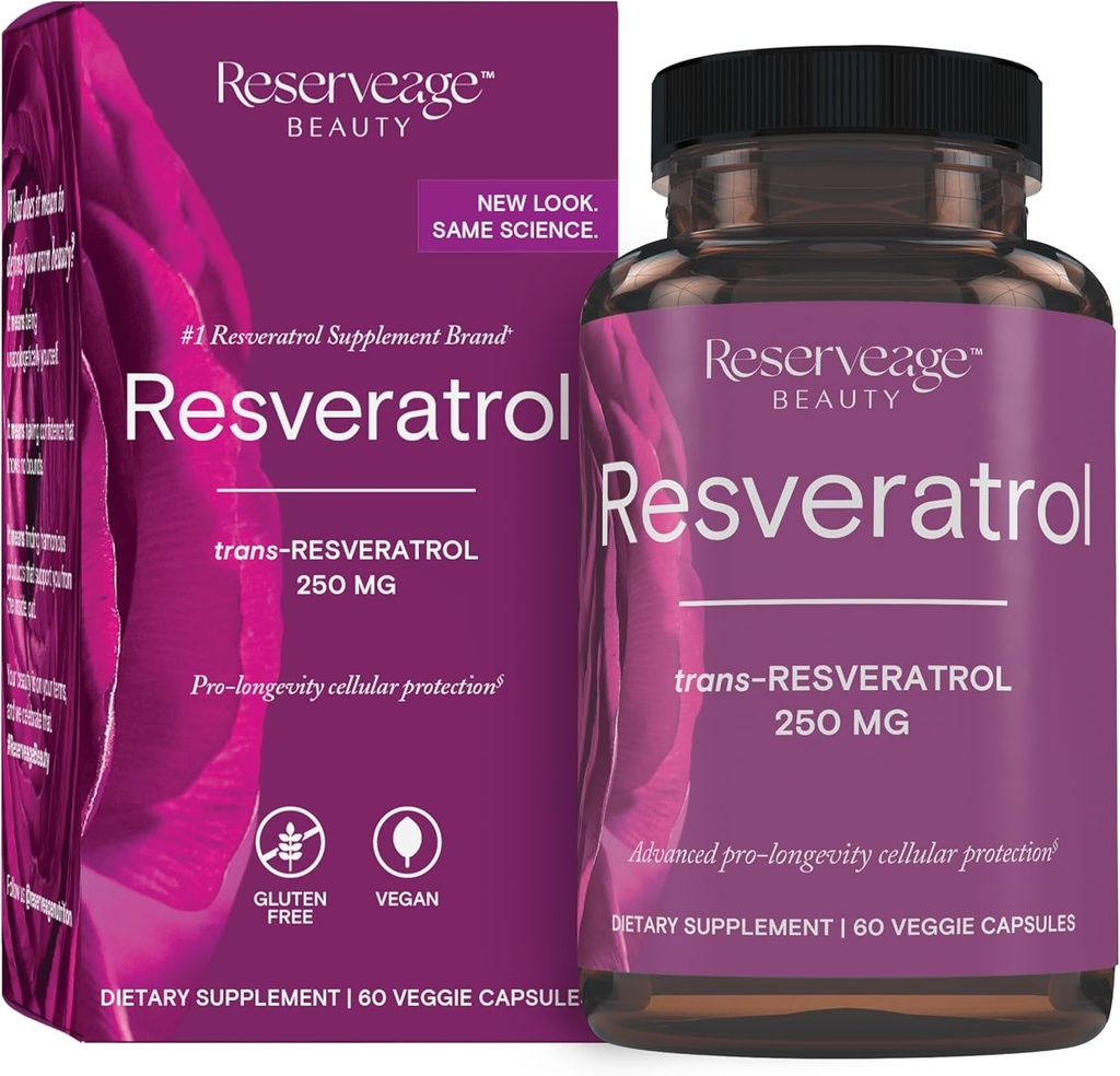 Réserve Beauté Resveratrol 250 mg - Meilleur Trans-Resveratrol - Supplément antioxydant végétalien pour la santé cellulaire et cardiaque - Aide le vieillissement en santé et la santé immunitaire - 60 capsules végétales