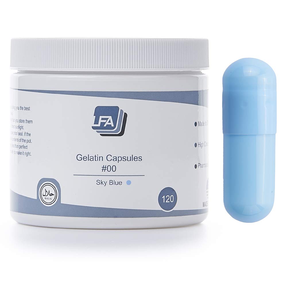 Capsules vides Taille 00 - Gélatine couleur bleu ciel - 120 Compte - Convient à un plateau de remplissage de capsules - Capsules de gel de boeuf jumelées Easy Snap pour pilules de supplément de poudre de bricolage - Halal certifié