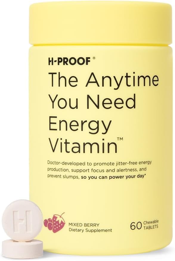 H-PROOF The Anytime You Need Energy Vitamin for Sustained Energy, Focus & Alertness with Jitter-Free Caffeine, 60 Chewable Energy Supplements (30 Servings), Mixed Berry