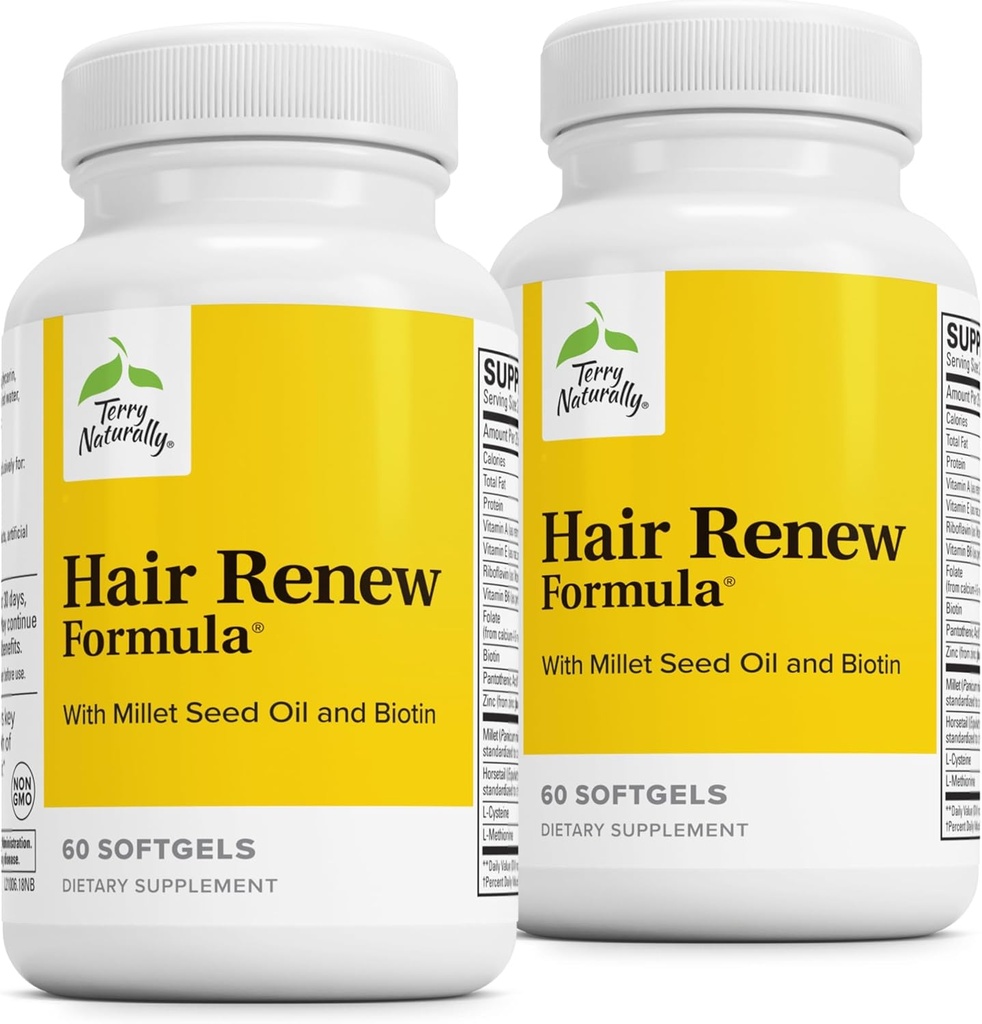 Terry Naturally Hair Renew Formula - Supplément de soutien à la croissance des cheveux avec biotine et acide folique du cavalier - Huile de graine de millet pour la production de kératine - 60 Softgels, 2 Pack