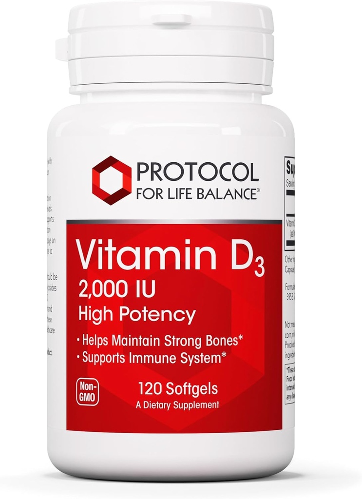 Protocole Vitamine D3 2000 UI - Soutien immunitaire, os et dents sains - 120 Softgels