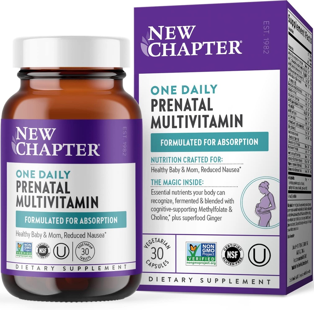 Nouveau chapitre Vitamines prénatales, une multivitamine prénatale quotidienne au méthylfolate + Choline pour une maman et un bébé en santé, sans gluten et sans OGM, 30 Nombre
