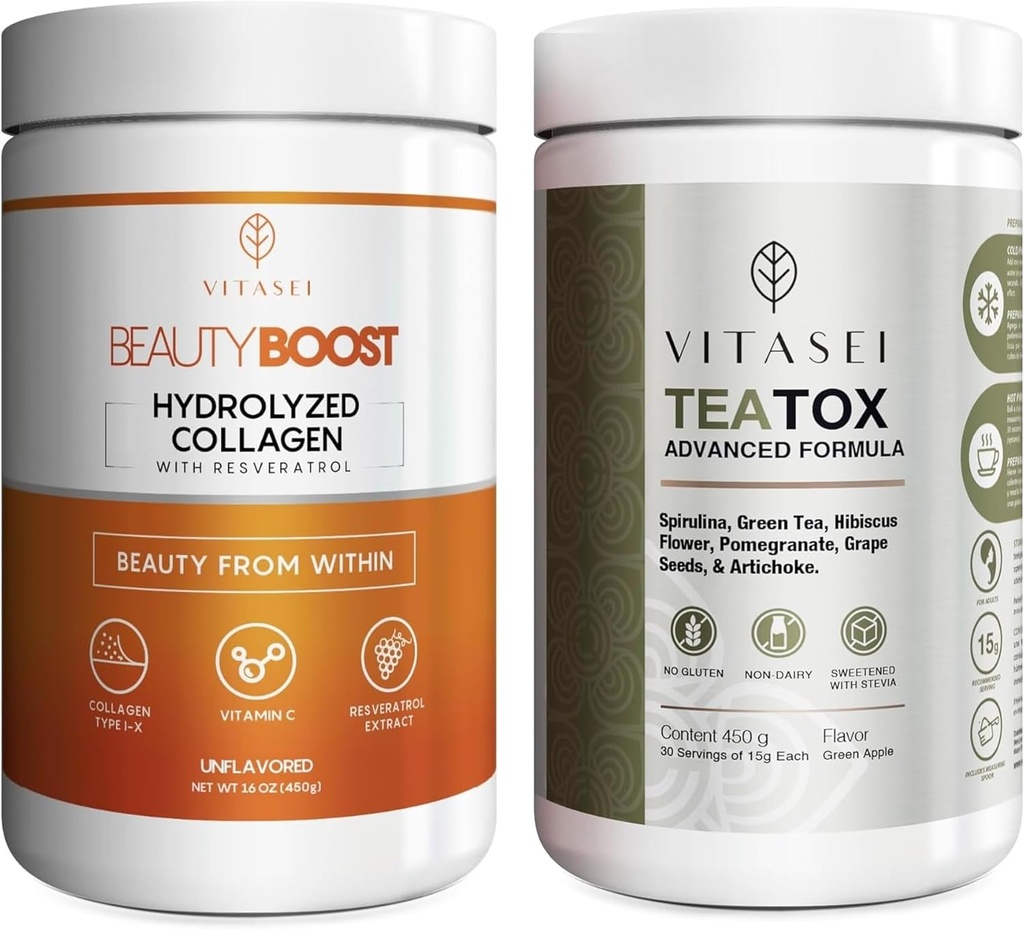 VITASEI Wellness Bundle – Hydrolysed Collagen Peptides Poudre & Teatox Detox & Cleanse Support Poudre – Cheveux, peau, ongles et booster de digestion pour les femmes et les hommes