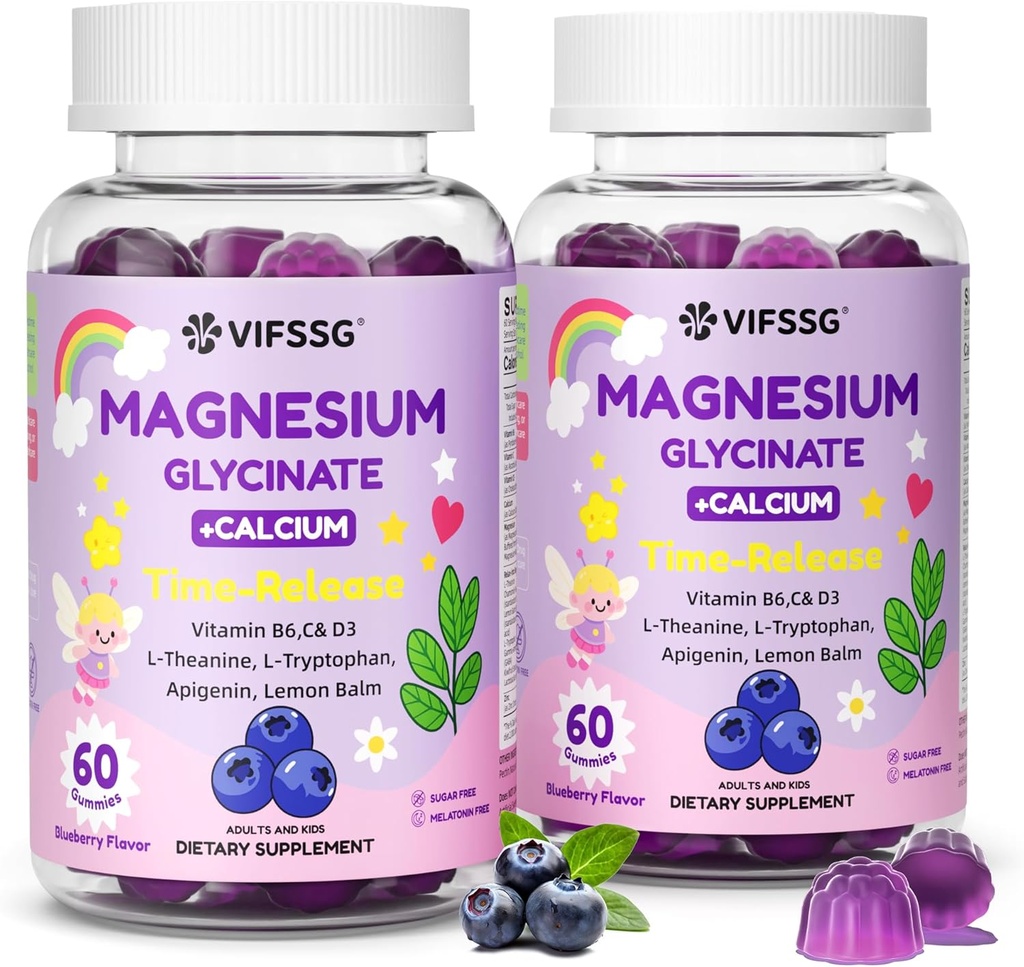 Glycinat de magnésium Gommies pour adultes et enfants 4+, 2 Pack Sans sucre Supplément de Bisglycinate de magnésium 400/200mg avec L Theanine, Camomille, Lemon Baume pour le soutien du soir et la routine de lit 120 Gommies
