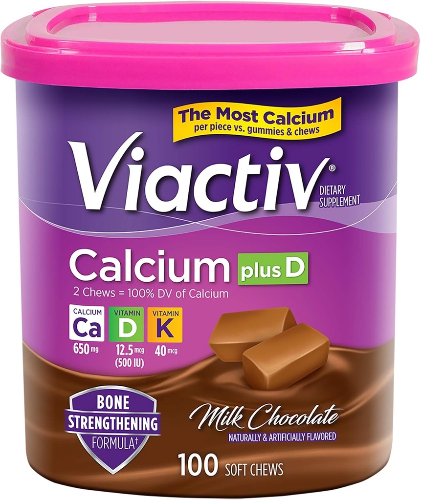 Viactiv Calcium + Vitamine D3 Supplément Mâches molles, chocolat au lait, 100 Mâches - Supplément alimentaire Calcium pour la santé des os