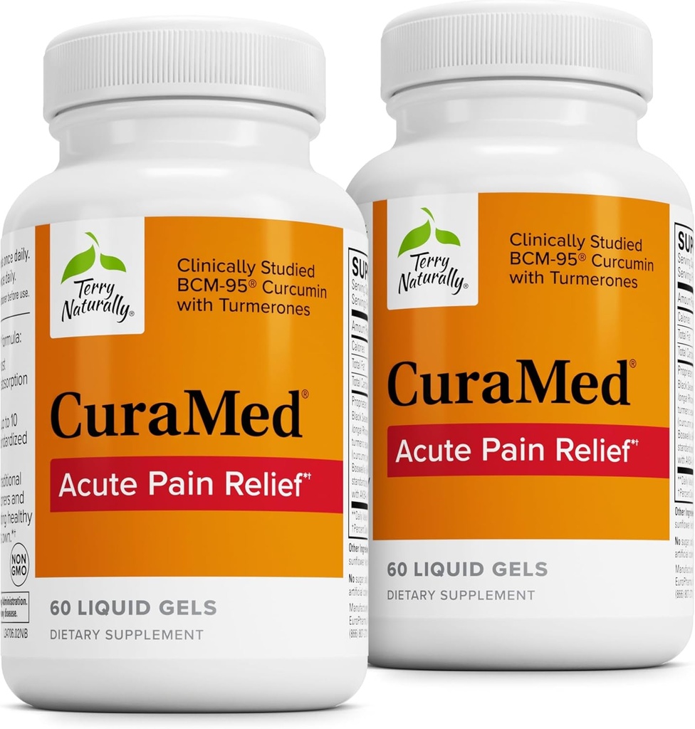 Terry naturellement CuraMed soulagement de la douleur aiguë - Supplément avec BCM-95 Curcumine et BOS-10 Boswellia - Huile de graines de sésame noir pour soutenir le soulagement du malaise occasionnel - 60 gels liquides (paquet de 2)