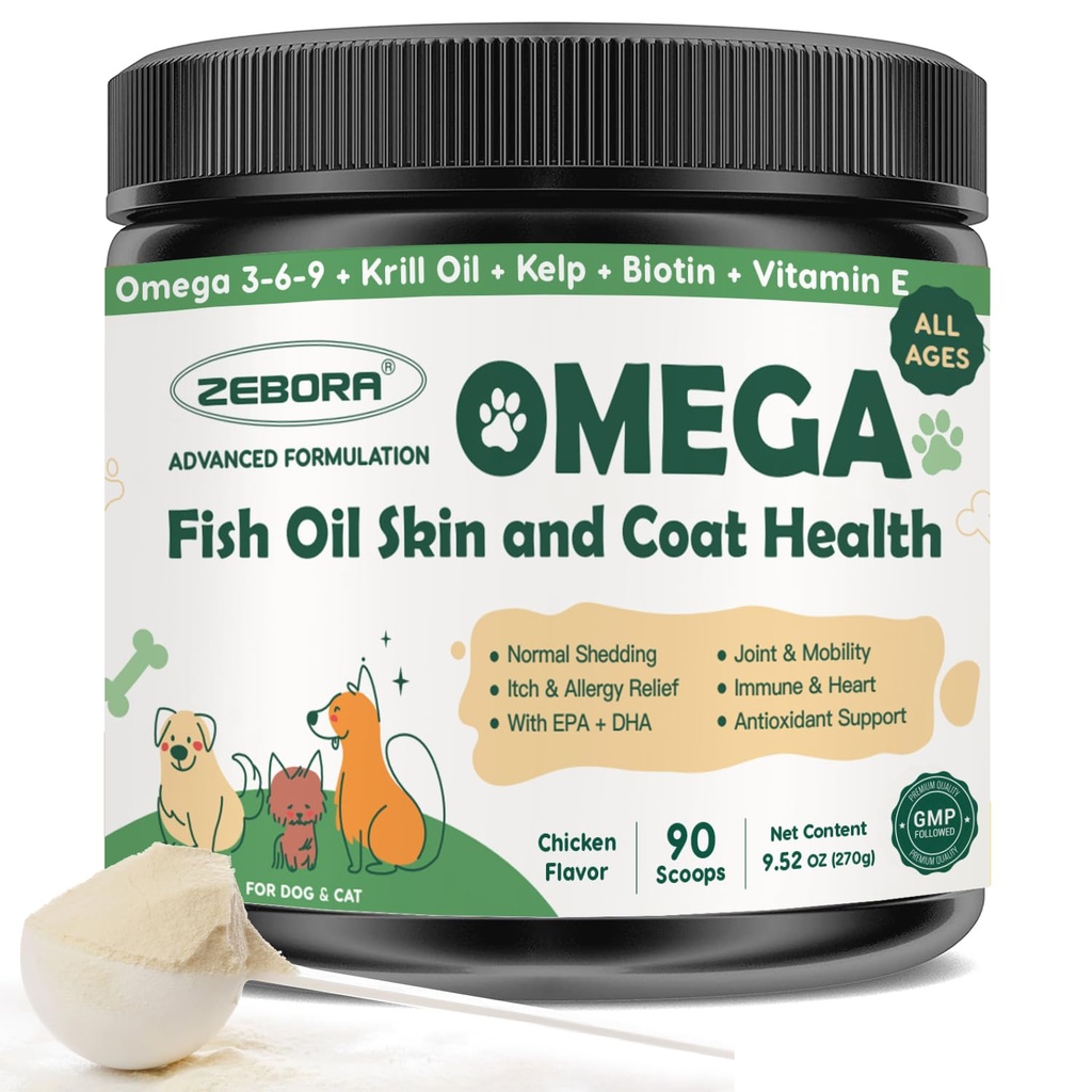 ZEBORA Omega 3 Huile de poisson pour chiens, Huile de poisson de chien capturé sauvage, EPA & DHA, Huile de Krill, Kelp, Supplément de peau et de manteau, Anti démangeaisons et égouttage, Soutien peau sèche, Santé articulaire, Allégation pour chien