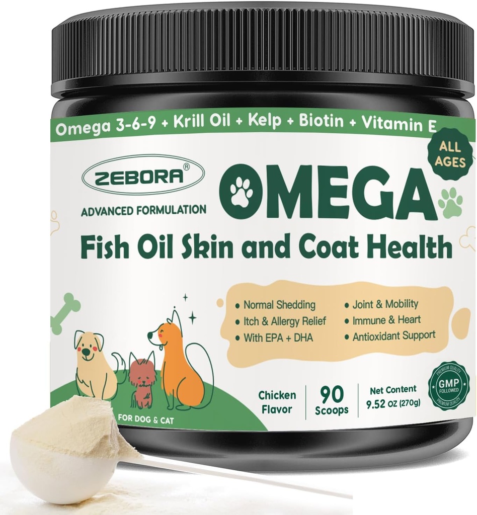 ZEBORA Omega 3 Huile de poisson pour chiens, Huile de poisson de chien capturé sauvage, EPA & DHA, Huile de Krill, Kelp, Supplément de peau et de manteau, Anti démangeaisons et égouttage, Soutien peau sèche, Santé articulaire, Allégation pour chien