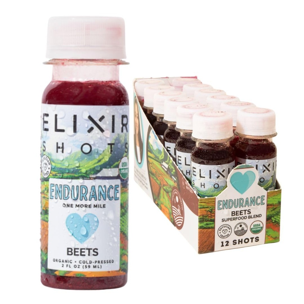 Elixir Shots, Endurance & Wellness Shot avec des ingrédients 100% bio pressés à froid, betterave, carotte, céleri, citron, aucun sucre ajouté ou ingrédients artificiels, 12 Pack