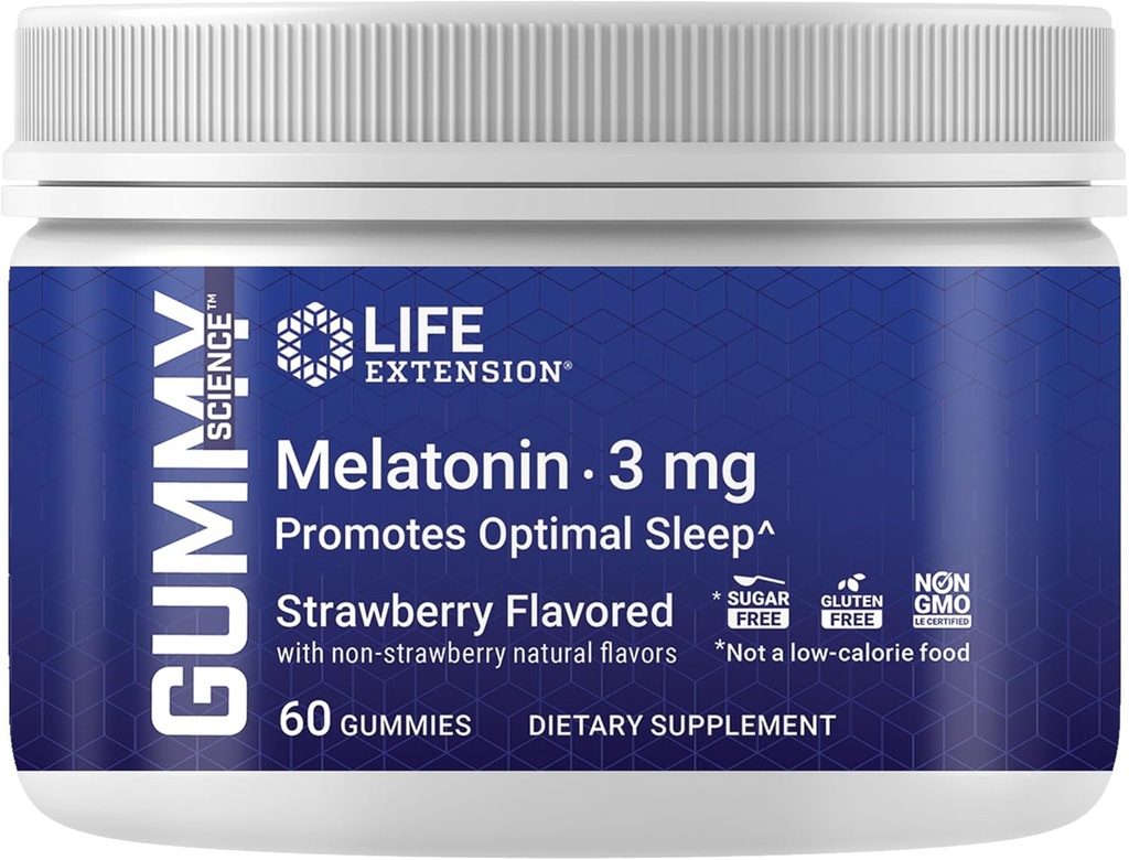 Prolongation de vie Gummy ScienceTM Melatonine (Strawberry), 3 mg, Soutien optimal pour le sommeil, Rythme circadien sain, Défense cellulaire, Sans gluten, Non-OGM, Végétarien, 60 Gummies