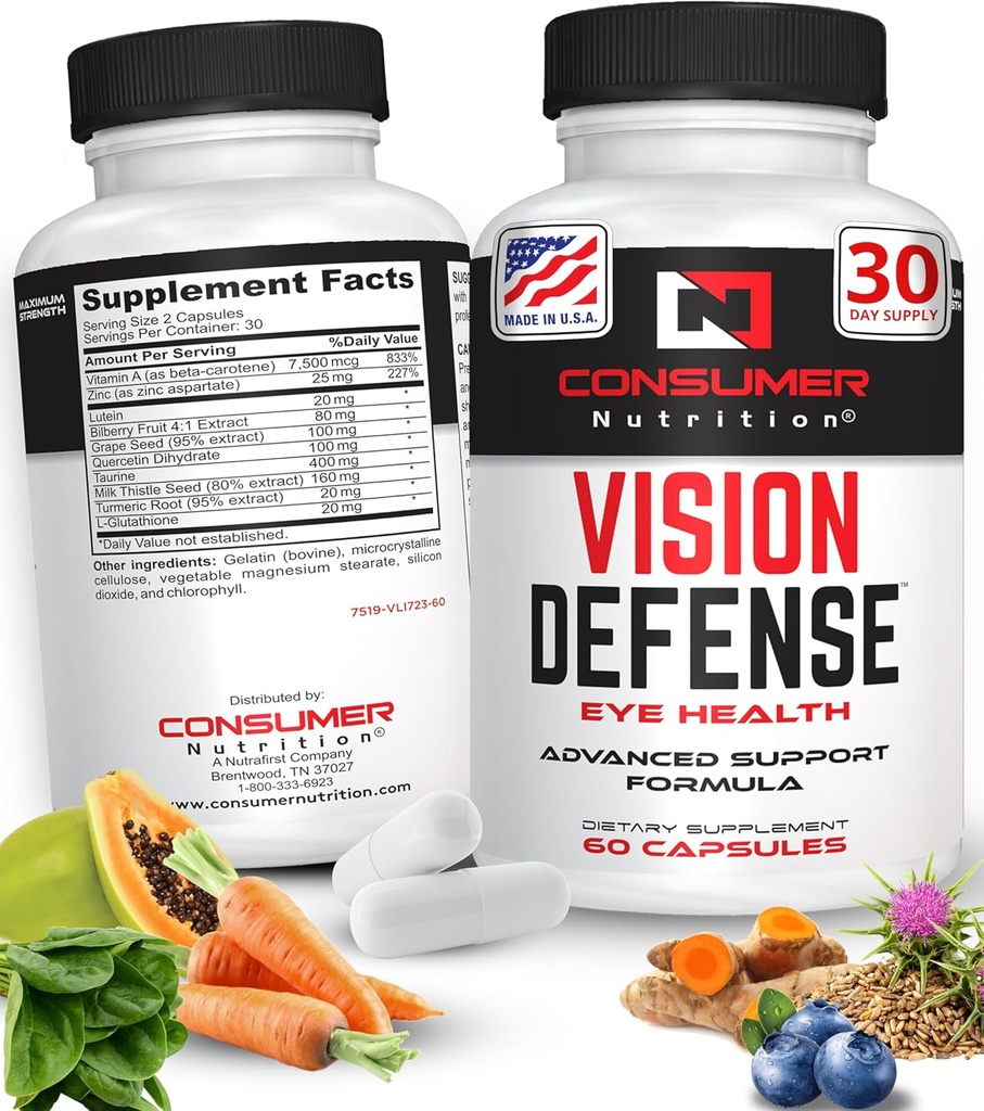 Suppléments santé oculaire pour les adultes - Soutient et protège la santé oculaire avec la vitamine A, la lutéine, la taurine, la racine curcuma, l'extrait de graines de raisin et la graine de chardon de lait - Vision Defense 60 Ct