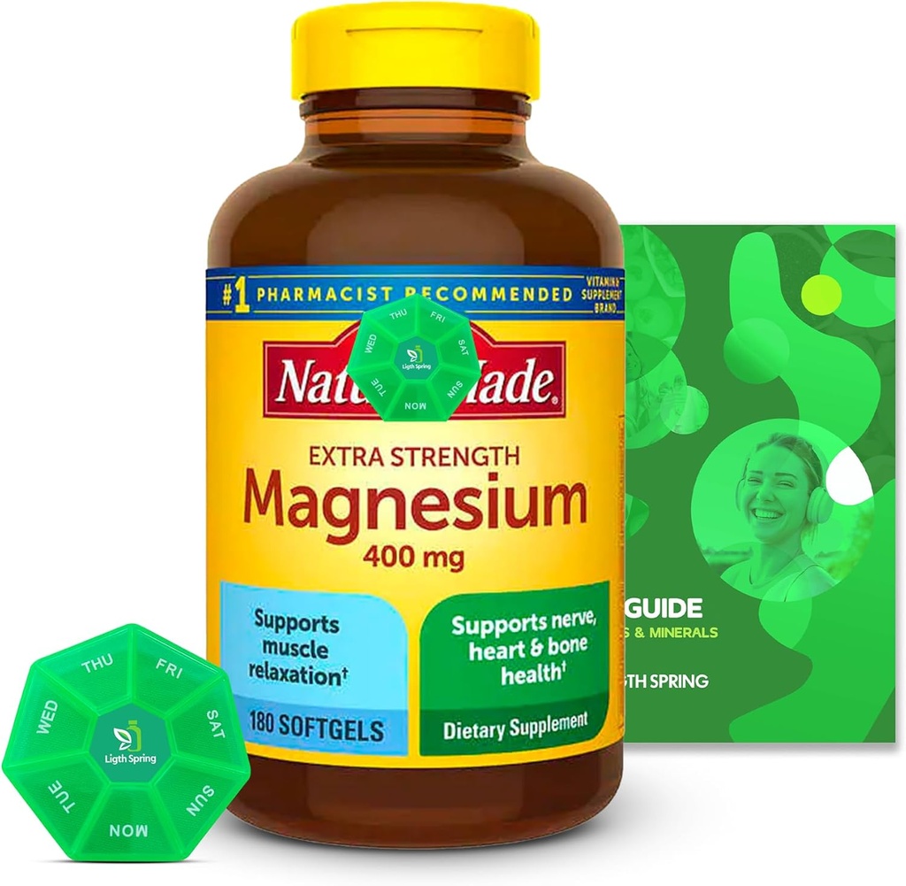 Magnésium 400mg 180 Compter avec un ensemble de vitamines et minéraux exclusifs - A à Z - Meilleur guide de ligth et de printemps + Organisateur hebdomadaire de pilules (3 articles)