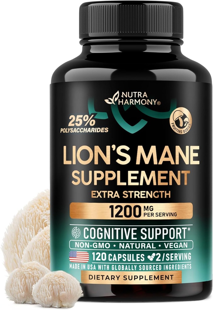 Lions Mane Supplément Capsules - Bio Lions Mane - Fabriqué aux États-Unis - Extrait de corps fruitiers - 1200 mg, 25% Polysaccharides - Mémoire et Focus Support - Comme Lions Poudre - 120 Capsules, 2 mois d'approvisionnement