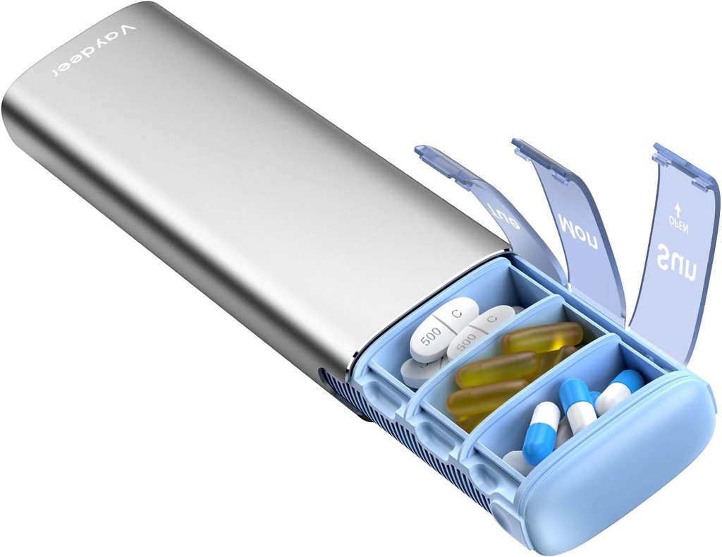 Vaydeer Metal Pill Organizer, boîte à pilules hebdomadaire de 7 jours, étui quotidien à pilules mignons de grande capacité pour suppléments, pilules, vitamines et médicaments (petit, livraison)