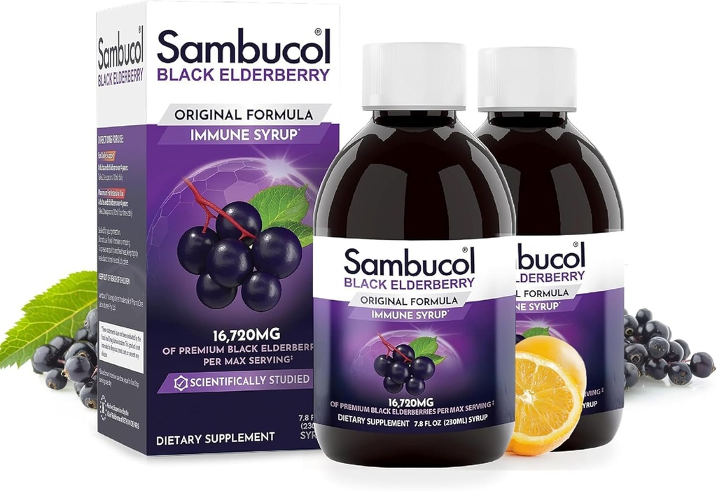 Sambucol Black Elderberry Sirop - Sambucus Sirop, Black Elderberry Liquid, Immune Support pour les enfants et les adultes, Antioxydants élevés, sans gluten - Formule originale, 7.8 Fl Oz, 2-Pack