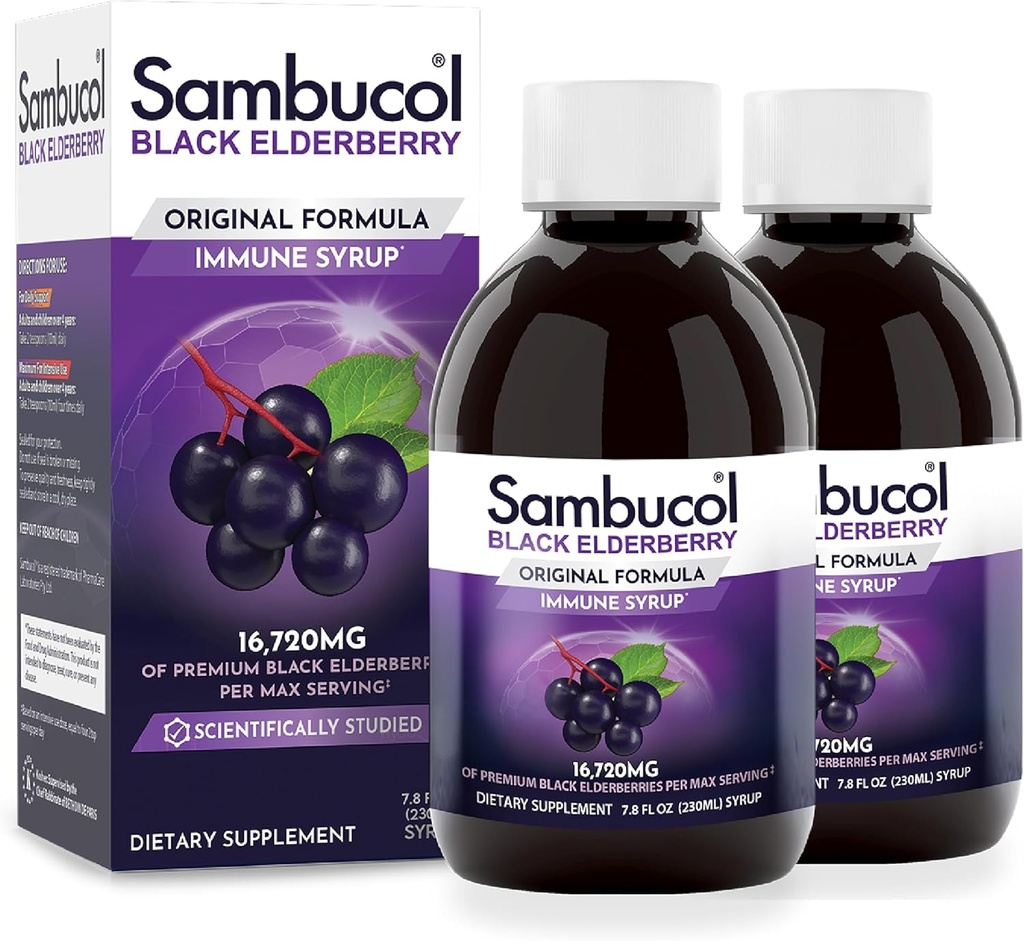 Sambucol Black Elderberry Syrup - Sambucus Syrup, Black Elderberry Liquid, Immune Support for Kids and Adults, High Antioxidants, Gluten Free - Original Formula, 7.8 Fl Oz, 2-Pack