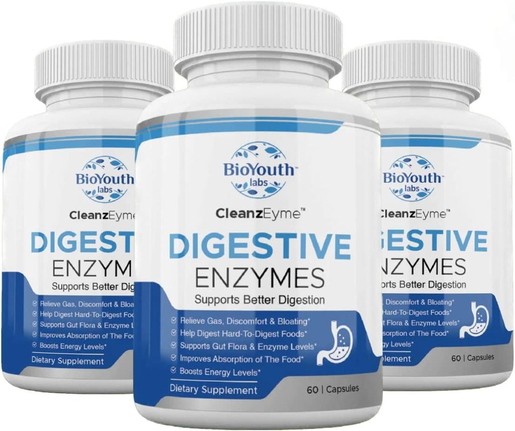 Enzymes Digestives Naturelles et Supplément Probiotique pour Adultes, 180 Capsules - Mélange Nutritif d'enzymes Digestives et Avantage Probiotique pour Digestion et Santé Digestive.