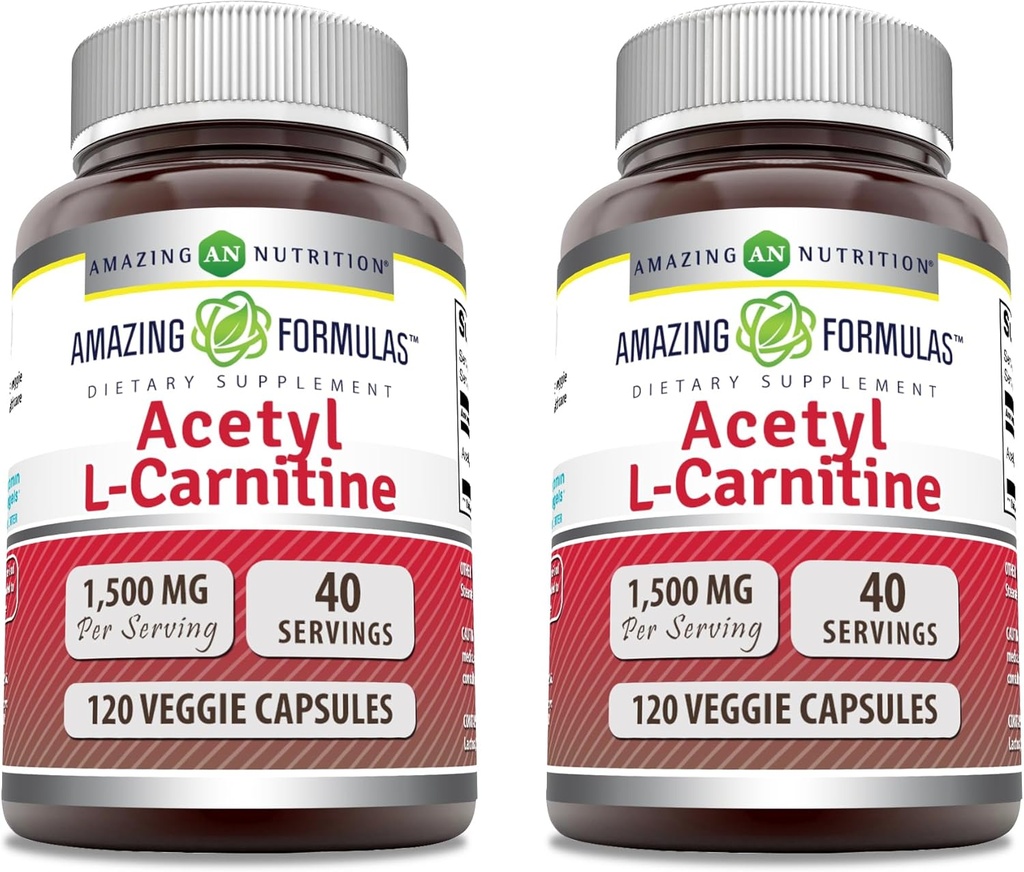 Formules étonnantes Acétyl L-Carnitine 1500 Mg par portion Capsules de légumes Supplément de non-OGM , sans gluten , Fabriqué aux États-Unis , Convient aux végétariens (120 Nombre) , Pack de 2