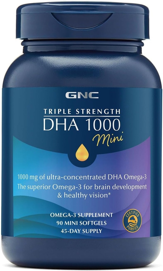 GNC triple force DHA 1000 Mini supplément Omega 3, 1000mg, ultra concentré, haute puissance, soutient le développement du cerveau et une vision saine, sans Burpless, 90 Mini Softgels, 45 SVG, 45 jours d'approvisionnement