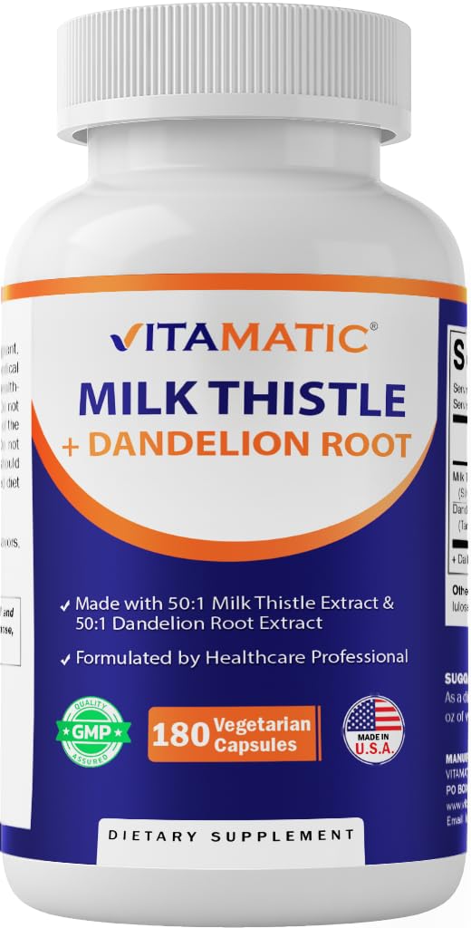 Thistle de lait vitamatique 50:1 Extrait 500mg, Racine de dandelion 50:1 Extrait 100mg, 180 Capsules végétariennes, Non-OGM, Sans gluten