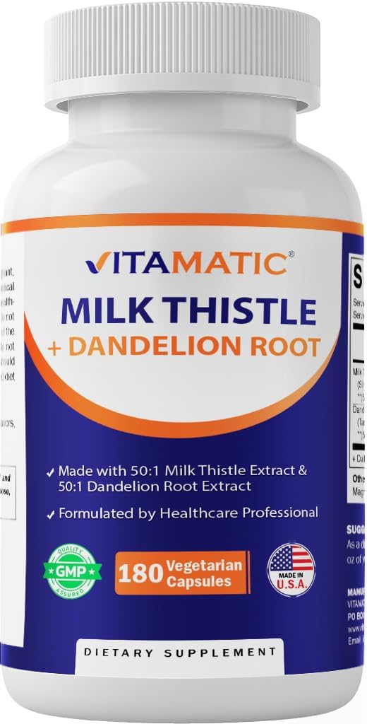 Vitamatic Milk Thistle 50:1 Extract 500mg, Dandelion Root 50:1 Extract 100mg, 180 Vegetarian Capsules, Non-GMO, Gluten Free