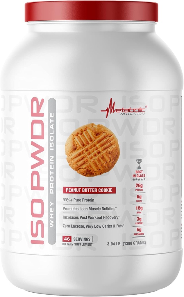 Nutrition métabolique Isolation des protéines de lactosérum ISO PWDR Beurre d'arachide, 3.04lb, 23 portions, 26g Protéines, Digestation rapide, Zéro glucides, Saveur délicieuse, Très faible glucides et graisses, Zéro lactose