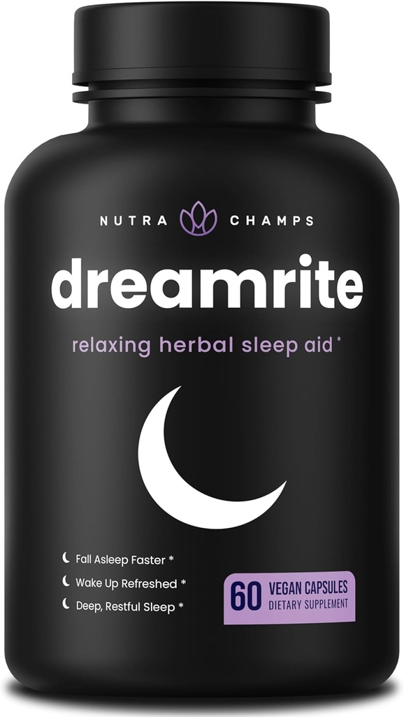 NutraChamps 10-en-1 Aide naturelle au sommeil pour les adultes - Mélatonine, Baume de citron 1000mg, Camomille 400mg, Racine Valérienne 600mg, L Theanine, L Tryptophane, GABA, Aide au sommeil Magnésium