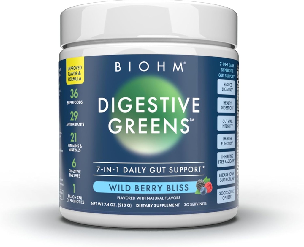BIOHM Verts digestifs, poudre verte superalimentée (7.4 Oz, 30 portions) Immune & Gut Health Support with Antioxydants, Vitamines, Probiotiques et Enzymes, Bonne source de fibre, Arôme de Berry
