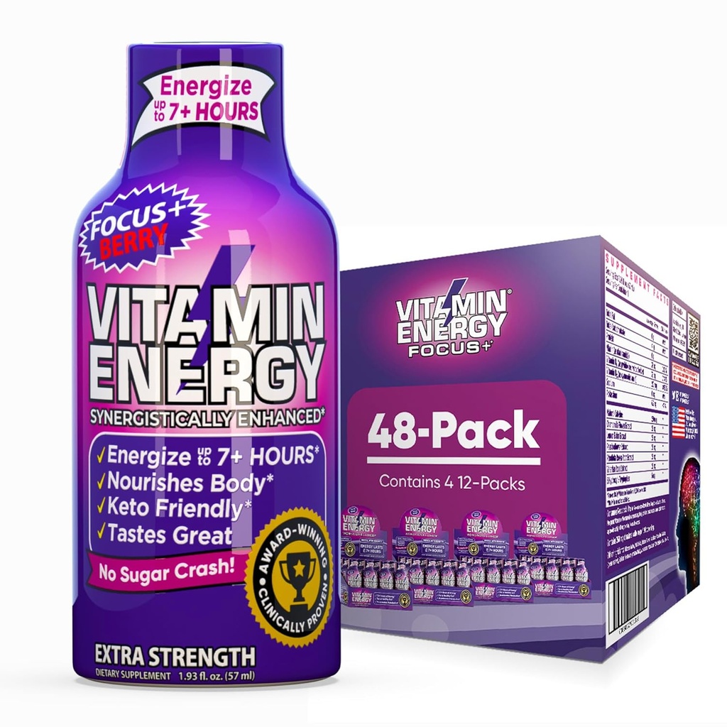 Vitamine Energy Focus+ Extra Strength Energy Shot Berry 48 Pack, 260mg Caféine naturelle, B-Vitamines, CoQ10, Acides aminés, Focus, Productivité et Clarté, Zéro sucre, Sans gluten, 1,93 fl oz