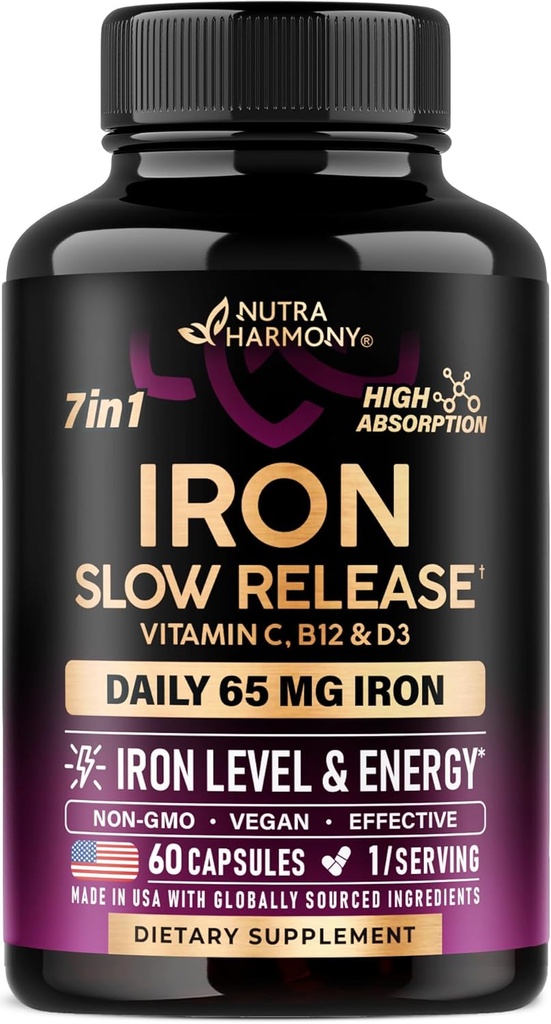 Supplément en fer pour les femmes - Iron 65mg (Sulfate de fer 325mg) - Stomach Friendly - Fer à libération lente - Haute absorption - Vitamines C, D3, B6, B12 & Folate - Niveau de fer et soutien énergétique - 60 Capsules