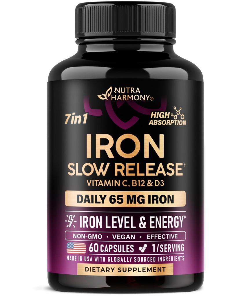 Supplément en fer pour les femmes - Iron 65mg (Sulfate de fer 325mg) - Stomach Friendly - Fer à libération lente - Haute absorption - Vitamines C, D3, B6, B12 & Folate - Niveau de fer et soutien énergétique - 60 Capsules