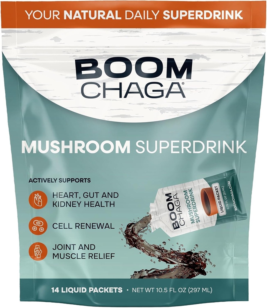 Superdrink de champignons, concentré liquide avec des antioxydants pour la lutte contre l'inflammation et l'immunité boost, Beta-Glucans pour la santé cardiaque, sans oxalate, 14 paquets à un seul usage