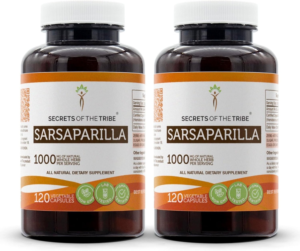 Secrets de la tribu Sarsaparilla 120 Capsules(2 pcs.), 1000 mg, Sarsaparilla (Hemidesmus indicus) Racine séchée (2x120 Capsules)