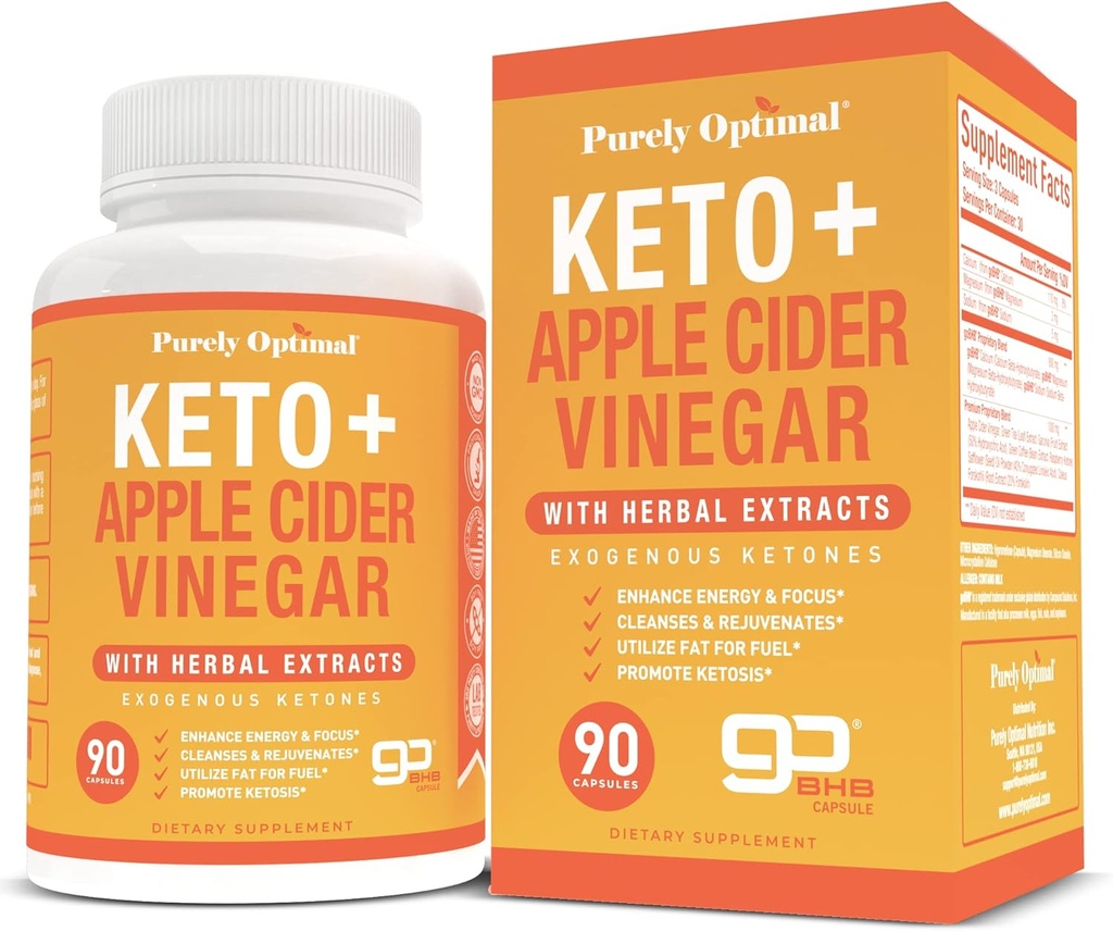 Keto + vinaigre de cidre purement optimal Capsules avec BHB - Soutient l'énergie, le nettoyage et la santé digestive - Supplément Keto avancé pour un mode de vie équilibré - 90 Capsules