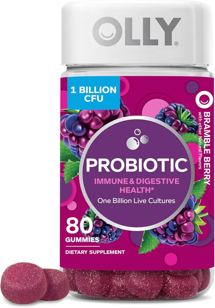 OLLY Probiotique Gummy, Immune et soutien digestif, 1 milliard UFC, Supplément probiotique à croquer, Berry, 40 jours d'approvisionnement - 80 comtes