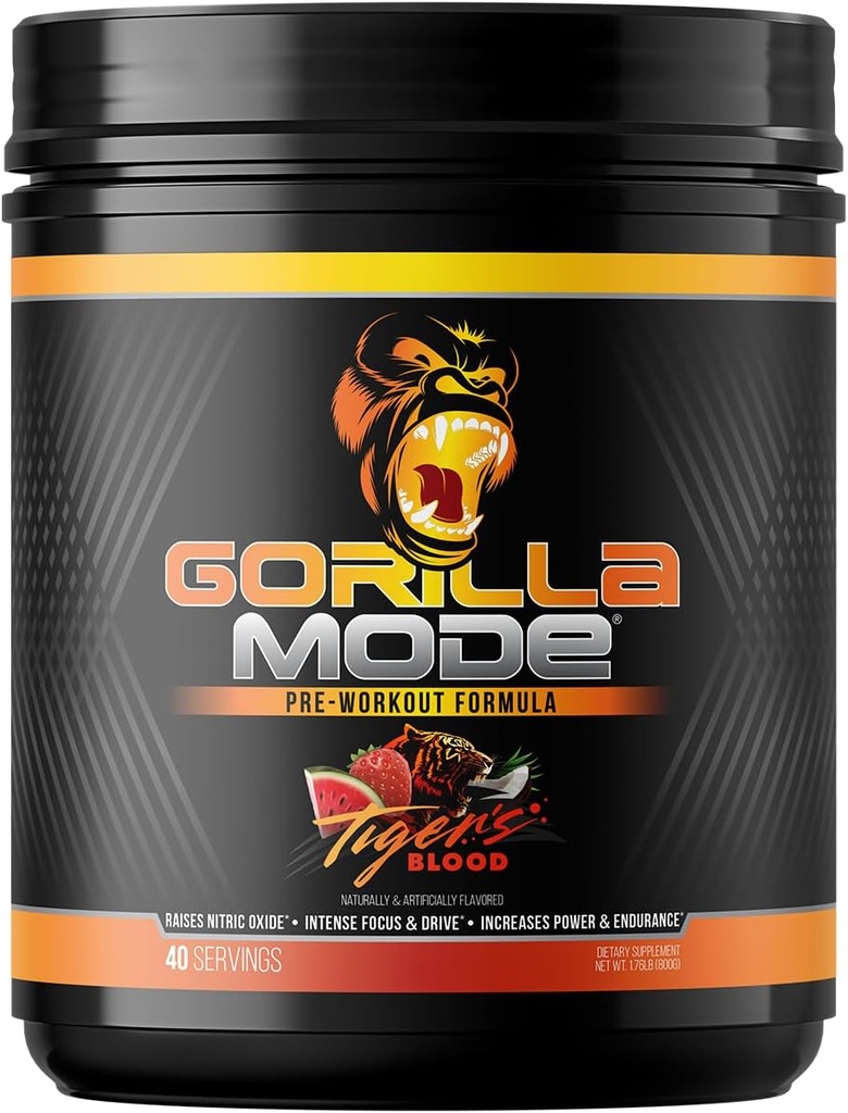 Gorilla Mind Pre Workout - Pompes volumineuses Laser Focus Energy Power - L-Citrulline, Créatine, L-Tyrosine, Betaine, Hydroprime, Alpha-GPC, 400mg Caféine, Huperzine A - 800g (Tigers Blood)