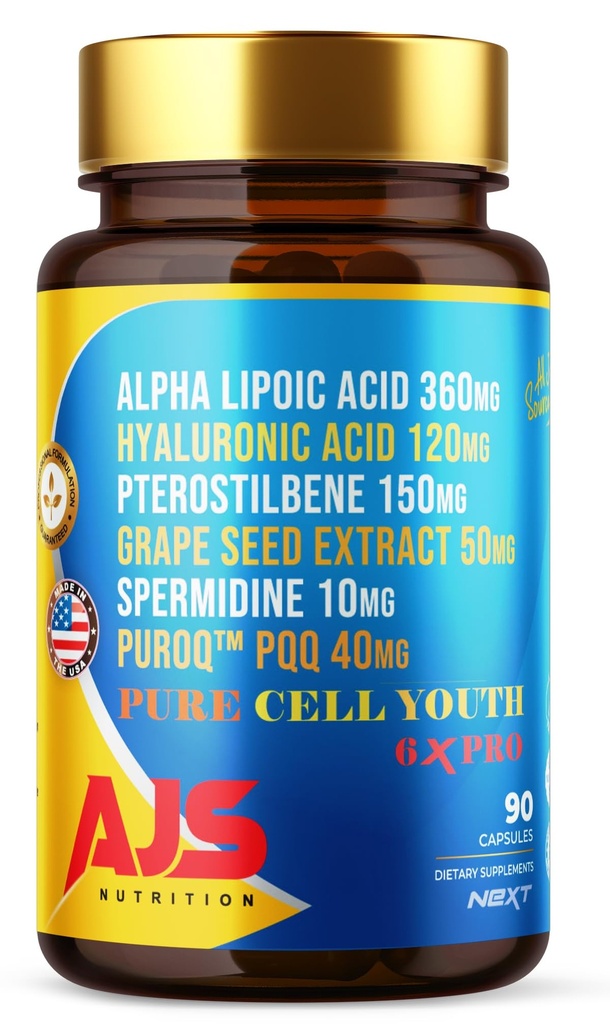 AJS Pure Cell Youth 6X PRO, 90 Capsules -PQQ 40mg, Acide R-lipoïque 360mg, Hyaluronate de sodium 120mg, Pterostilbène 150mg, Extrait de graines de raisin 50mg, Spermidine 10mg